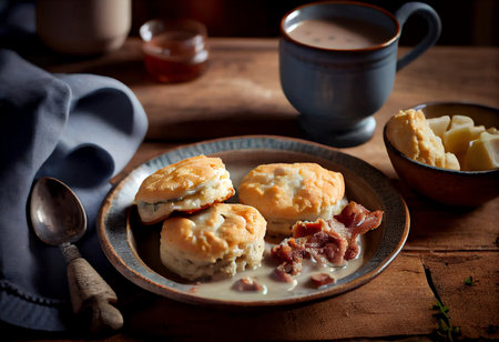 Scones with bacon and cheese served with cup of hot coffeeの素材