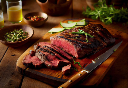 Grilled beef steak with herbs and spices on a wooden cutting boardの素材