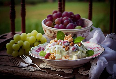 grape salad with whipped cream and nuts, vintage style, selective focusの素材