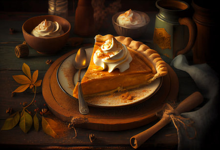 Piece of pumpkin pie with whipped cream on a wooden table.の素材