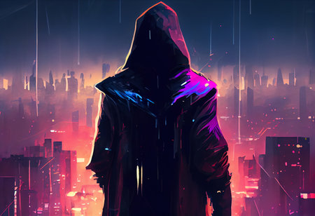 Hooded man in front of city background with neon lights.の素材