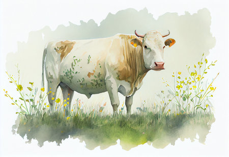 Watercolor illustration of a white cow on a meadow with flowersの素材
