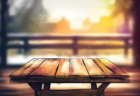Wooden table in front of a blurred background with a bokeh effectの素材