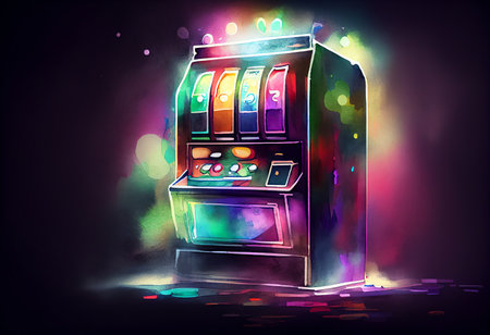 Slot machine on dark background with colorful lights. Vector illustration of slot machine.の素材