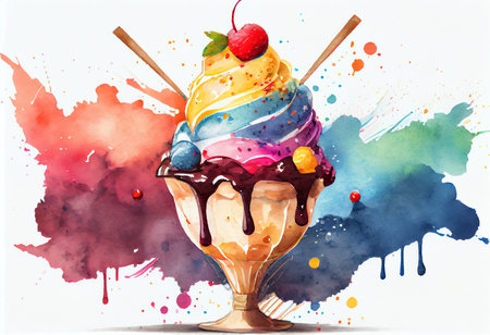 Watercolor illustration of ice cream with cherry, blueberry and chocolateの素材