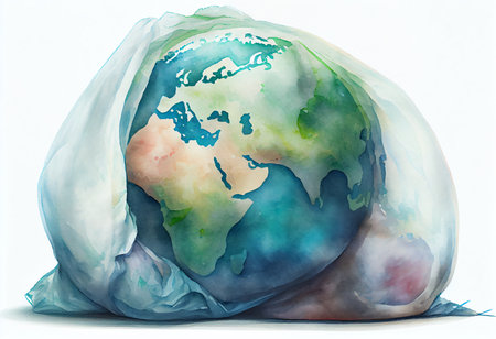 Earth in plastic bag on white background. Concept of environmental pollution.の素材