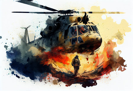 Military helicopter on watercolor splash background. Military helicopter drawing illustration.の素材