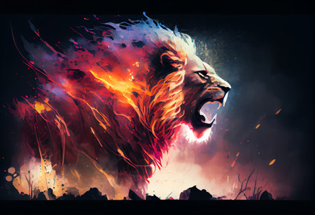 Angry lion in the fire. Illustration on a dark background.の素材