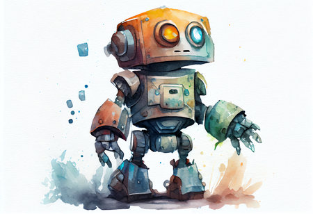 Watercolor illustration of a cute cartoon robot. Digital watercolor painting.の素材