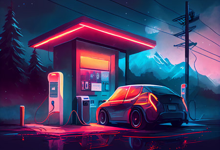 Electric car charging at a gas station in the mountains. Digital painting.の素材
