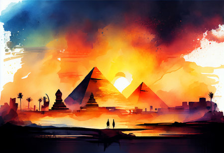 illustration of egyptian pyramids at sunset, digital paintingの素材