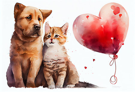 Cat and dog with heart-shaped balloon. Watercolor illustration.の素材