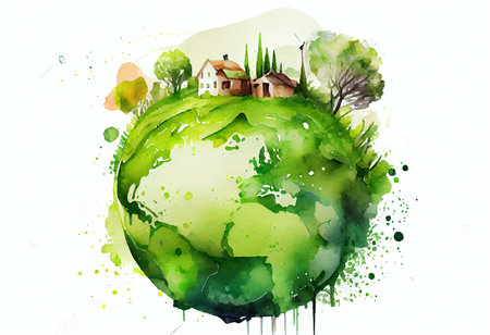 Hand drawn watercolor illustration of a green planet with houses and treesの素材