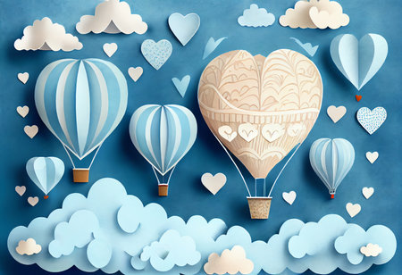 Valentines day background with hot air balloons and hearts. Paper art style. Vector illustration.の素材