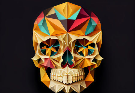 Low poly human skull isolated on black background. Polygonal vector illustration.の素材