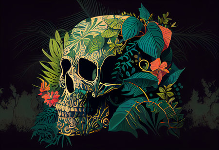 Skull and tropical leaves on black background. Vector Illustration.の素材