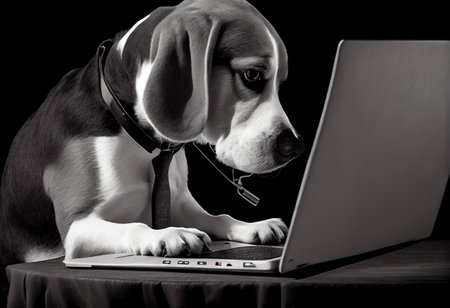 Portrait of a cute beagle dog working on a laptop.の素材