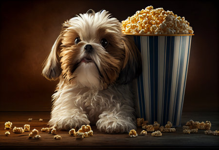 Cute shih tzu puppy with popcorn on wooden table.の素材