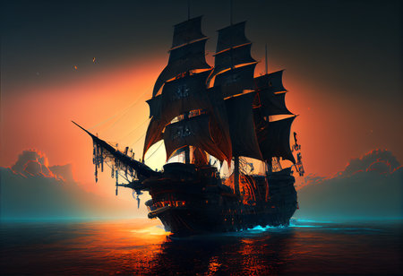 Sailing ship in the sea at sunset. 3D illustration.の素材