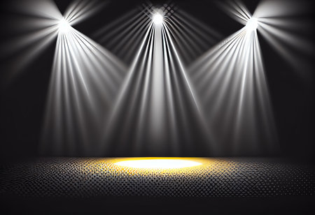 Spotlights illuminate the stage. Vector illustration. Spotlight background. Scene illumination.の素材