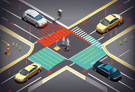 Isometric city road with cars and traffic lights. Vector illustration.の素材
