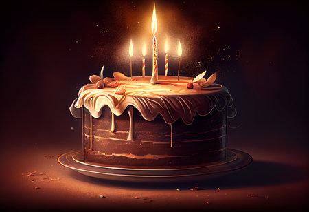 Birthday cake with burning candle on dark background, 3d illustrationの素材