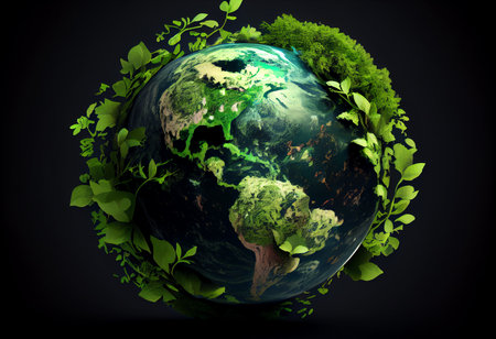 Ecology concept with planet earth and green leaves. 3D renderingの素材