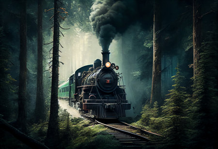 Steam locomotive in the foggy forest. 3d rendering.の素材