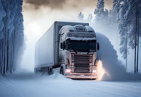 Truck in the winter forest on a background of snow-covered treesの素材