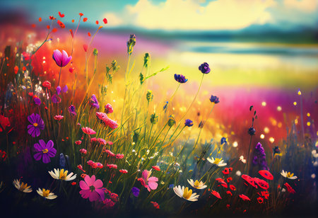 Flower meadow at sunset. Colorful flowers. Nature backgroundの素材