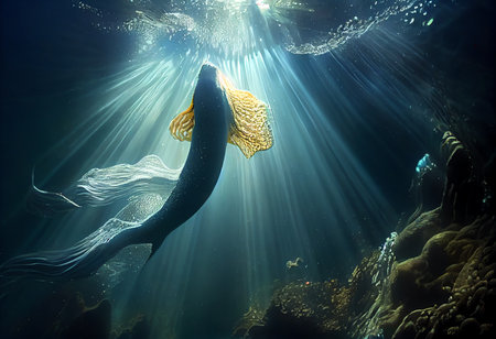 Underwater view of a whale in a coral reef. 3d renderingの素材