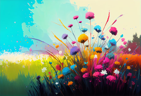 Colorful summer background with grass and flowers. Digital painting. Vector illustration.の素材