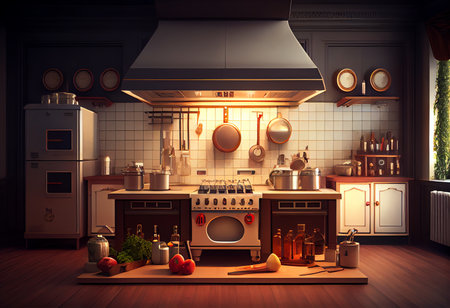 Kitchen interior with stove, oven and gas cooker. 3d renderingの素材
