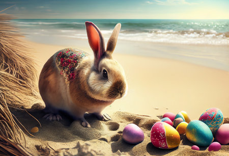Easter bunny and eggs on the beach. Easter holiday concept.の素材