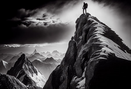 Man standing on top of a mountain and looking into the distance. Black and whiteの素材