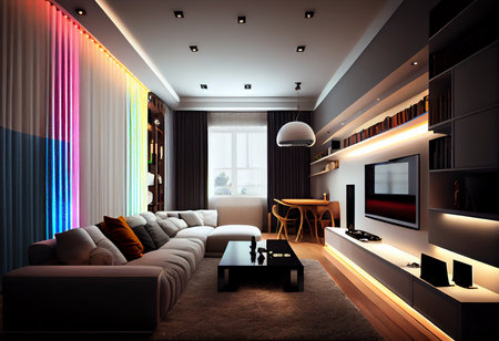 3d render interior of modern living room with tv and sofa.の素材
