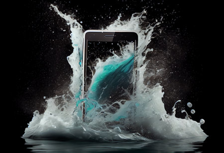 Smartphone in water with splashes and drops isolated on black backgroundの素材