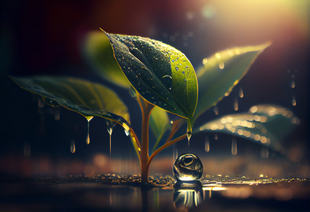 Water drop on green sprout with water drops. Ecology concept.の素材
