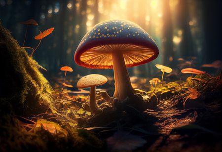 Fly agaric mushrooms in the forest. Magic nature background.の素材