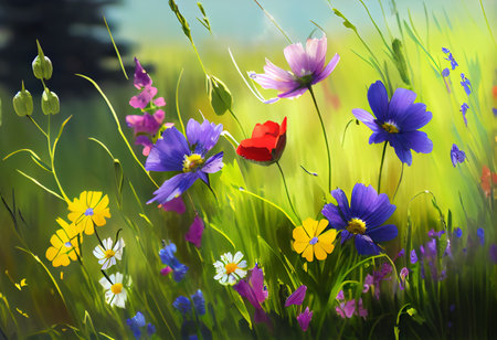 Flowers in the meadow on a sunny day. Digital painting.の素材