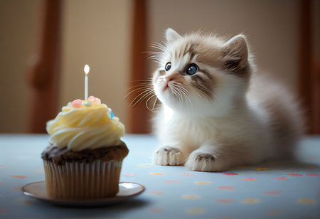 Cute kitten with birthday cupcake on table. Selective focus.の素材