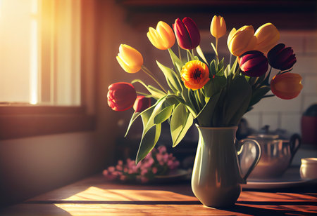 Bouquet of tulips in a vase on a wooden table.の素材