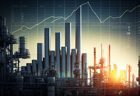 Double exposure of oil refinery and stock market graph on sunset background.の素材