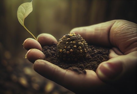 Plant seedling in the hands of a man. Ecology conceptの素材