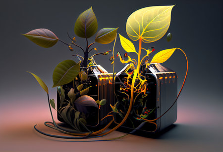 3d illustration of music player with musical notes and green leaves.の素材