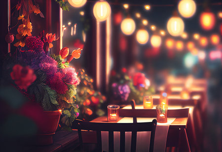 Interior of a cafe with flowers in vase and candles.の素材