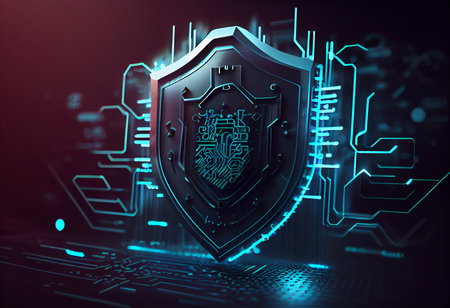 3d rendering of cyber security concept with shield and circuit board backgroundの素材