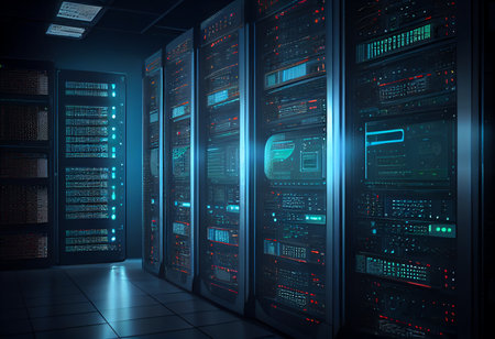 Server room data center. 3d rendering toned image double exposureの素材