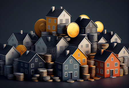 Real estate concept. Houses and coins on dark background. 3D illustrationの素材