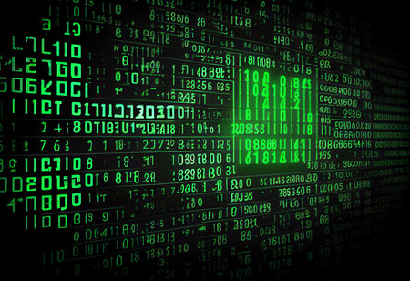 3d illustration of green digital background with binary code and green barsの素材